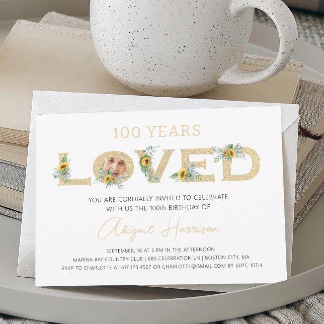 Invitation Elegant Gold 100 Years Loved Photo Birthday Party (Elegant Gold 100 Years Loved Photo Birthday Party Invitation)