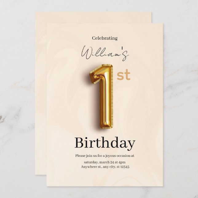 Invitation Elegant Gold 1st Birthday Invite, Minimalist Boy  (Devant / Derrière)