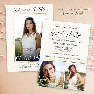 Invitation Elegant Gold 3 Photo Calligraphy Gradugraphy Party