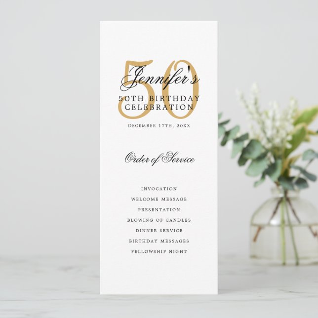 Invitation Elégant Gold 50th Birthday Party Program avec menu (Debout devant)