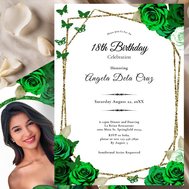 Invitation Elegant Gold and Green Rose 18th Birthday Debut  (Créateur téléchargé)