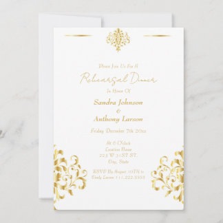 Invitation Elegant Gold and White Damask Wedding Rehearsal