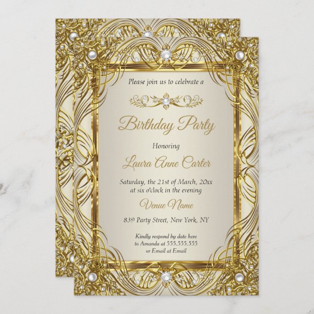 Invitation Elégant Gold beige Cream Pearl Damask party (Devant / Derrière)