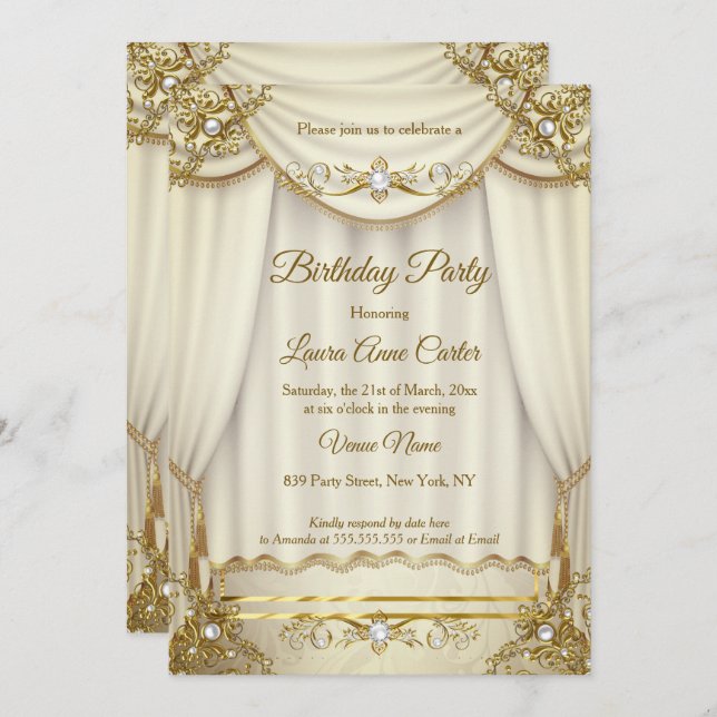 Invitation Elégant Gold Beige Cream Pearl Drapes parti (Devant / Derrière)