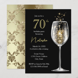 Invitation Elégant Gold Black Damask 70e anniversaire fête