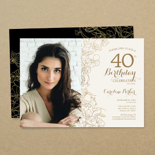 Invitation Elégant Gold Black Floral Photo 40e anniversaire