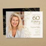 Invitation Elégant Gold Black Floral Photo 60e anniversaire<br><div class="desc">Invitation à la fête de 60e anniversaire en or noir avec votre photo sur le devant de la carte. Design moderne minimaliste avec accents de dessin botanique, fausse feuille d'or et police de script de typographie. Carte invitation simple et tendance, parfaite pour une célébration anniversaire élégante. Peut être customisé à...</div>