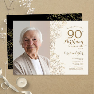 Invitation Elégant Gold Black Floral Photo 90e anniversaire