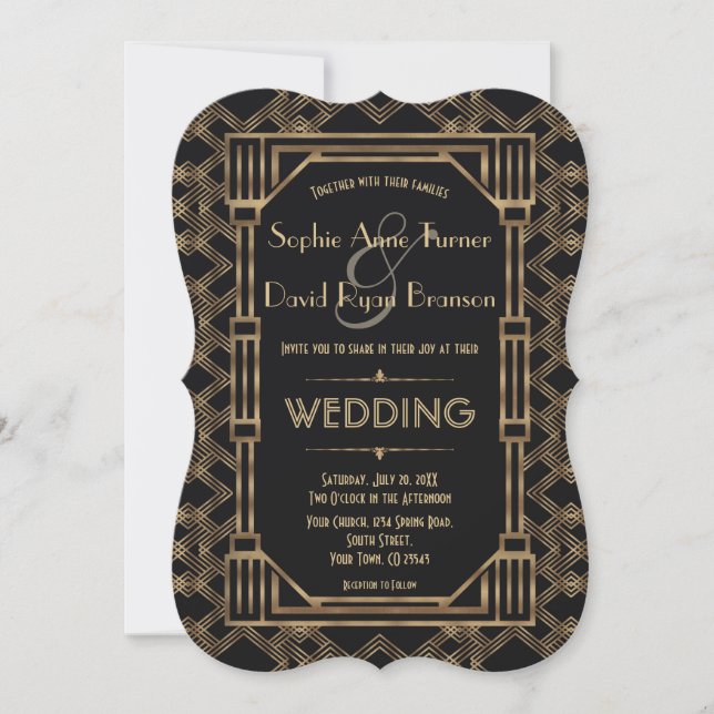 Invitation Elégant Gold Black Great Gatsby 1920 Mariage (Devant)