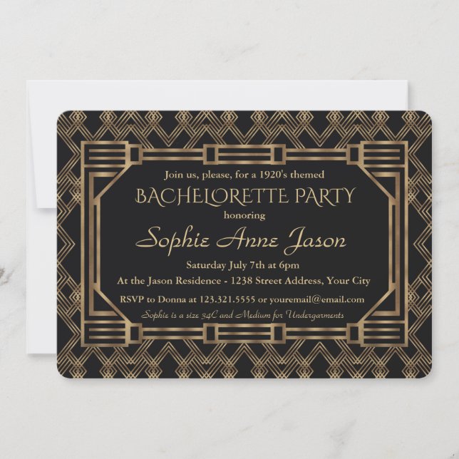 Invitation Elégant Gold Black Great Gatsby Bachelorette Party (Devant)