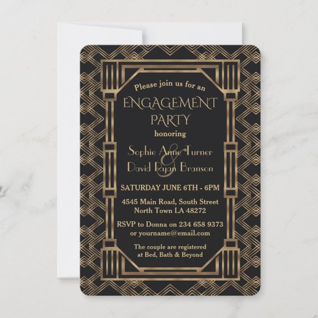 Invitation Elegant Gold Black Great Gatsby Engagement Party (Devant)
