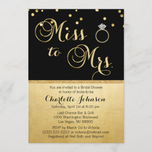 Invitation Elegant Gold Black Miss à Mme Fête des mariées