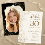 Invitation Elégant Gold Black Photo Surprise 30e anniversaire<br><div class="desc">Elégante crème or et noir surprise 30e anniversaire invitation fête avec votre photo au dos de la carte. Le design féminin moderne branché présente des accents botaniques et des caractères typographiques. Carte invitation florale simple parfaite pour une célébration anniversaire surprise femme élégante. Peut être customisé à n'importe quel âge. Invitations...</div>