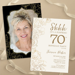 Invitation Elégant Gold Black Photo Surprise 70e anniversaire