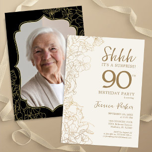 Invitation Elégant Gold Black Photo Surprise 90e anniversaire