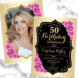 Invitation Elégant Gold Black Pink Photo 50e anniversaire