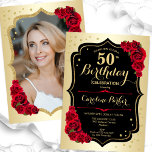Invitation Elégant Gold Black Red Photo 50e anniversaire<br><div class="desc">Elégante invitation à 50e anniversaire fleurie avec votre photo au verso de la carte. Design de glam avec faux or. Comprend des roses rouges, des caractères de script et des confettis. Parfait pour une fête anniversaire adulte élégante. Personnalisez avec vos propres détails. Peut être customisé pour n'importe quel âge !...</div>