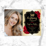 Invitation Elégant Gold Black Red Roses Photo 50e anniversair<br><div class="desc">Elégante invitation au 50e anniversaire fleurie féminine avec votre photo. Design de glam avec faux or. Comprend des roses rouges, des caractères de script et des confettis. Parfait pour une fête anniversaire adulte élégante. Personnalisez avec vos propres détails. Peut être customisé pour n'importe quel âge ! Invitations Zazzle imprimées ou...</div>