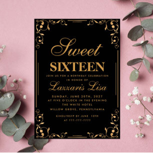 Invitation Elégant Gold Black Sweet sixteen 16 Anniversaire