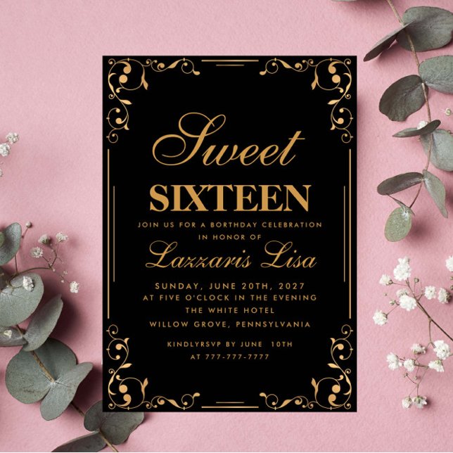 Invitation Elégant Gold Black Sweet sixteen 16 Anniversaire (Créateur téléchargé)