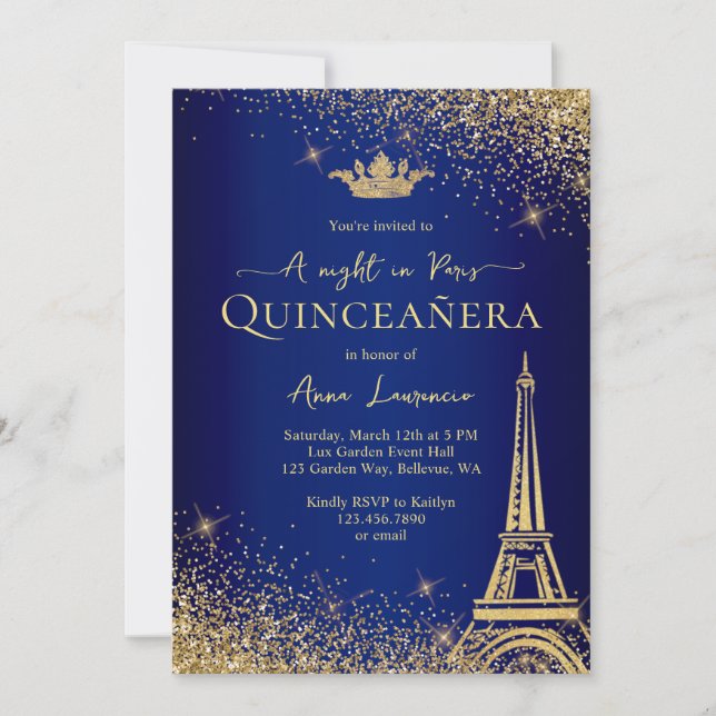 Invitation Elégant Gold Blue Paris Night Theme Quinceanera (Devant)