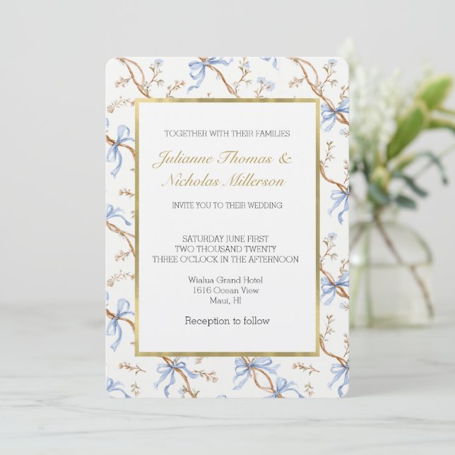 Invitation Elegant Gold Blue Ribbons Wedding (Debout devant)