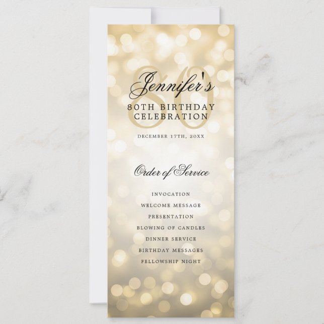 Invitation Elegant Gold Bokeh 80th Birthday Program avec menu (Devant)