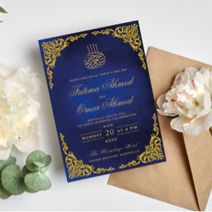 Invitation Elégant Gold Border Bleu islamique Mariage musulma