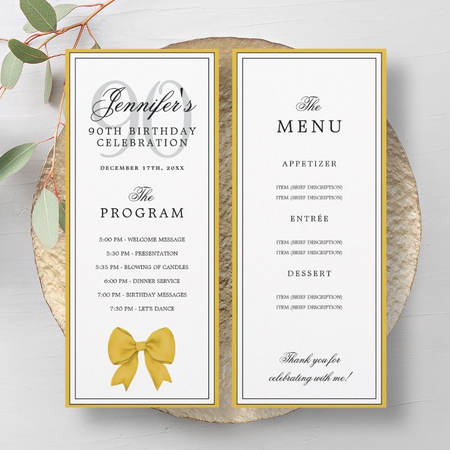 Invitation Elegant Gold Bow 90th Birthday Program + Menu  (Elegant Gold Bow 90th Birthday Program + Menu )