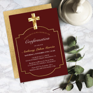 Invitation Elégant Gold Burgundy Cross Boys Confirmation