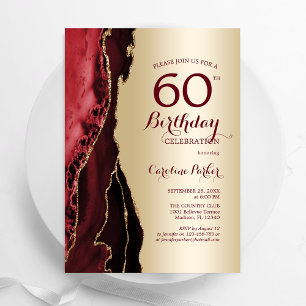Invitation Elégant Gold Burgundy Red Agate 60e anniversaire