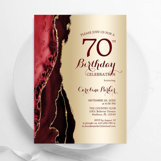 Invitation Elégant Gold Burgundy Red Agate 70e anniversaire (Créateur téléchargé)