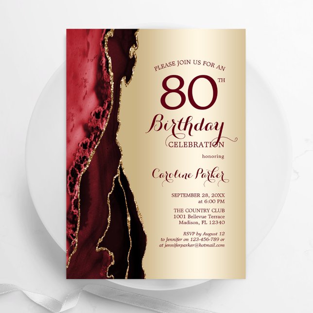 Invitation Elégant Gold Burgundy Red Agate 80e anniversaire (Créateur téléchargé)