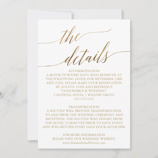 Invitation Elegant Gold Calligraphy 5x7" Mariage Détails Cart (Devant)
