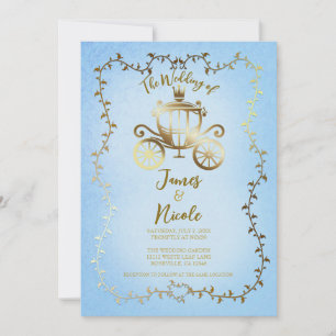 Invitation Elégant Gold Carriage Blue Storybook Mariage