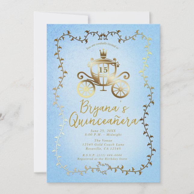 Invitation Elégant Gold Carriage Blue Storybook Quinceañera (Devant)