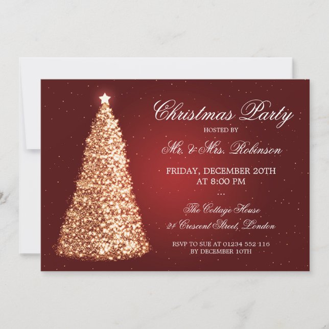 Invitation Élégant Gold Christmas Party Rouge (Devant)