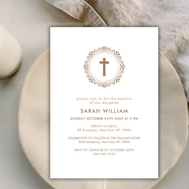Invitation Élégant Gold Classic Cross Wreath Baptism (Elegant Gold Classic Cross Wreath Baptism Invitation)