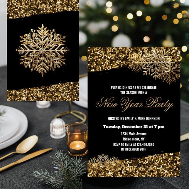 Invitation Elegant Gold Confetti Snowflakes New Year Party (Créateur téléchargé)
