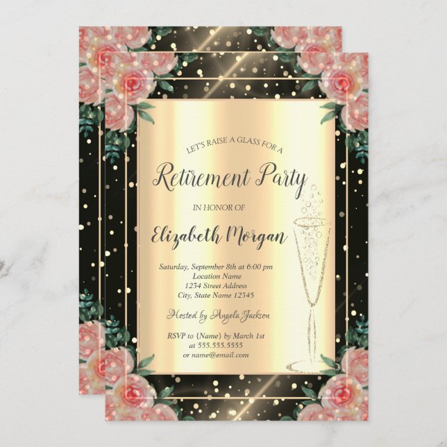 Invitation Élégant Gold Confetti Vin Verre Floral Retraite (Devant / Derrière)