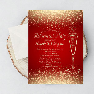 Invitation Élégant Gold Confetti Vin Verre Rouge Retraite