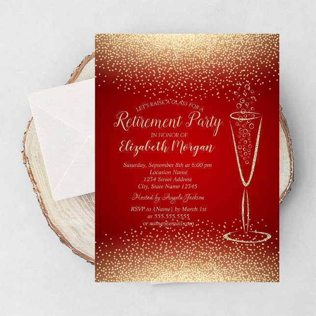 Invitation Élégant Gold Confetti Vin Verre Rouge Retraite (Créateur téléchargé)
