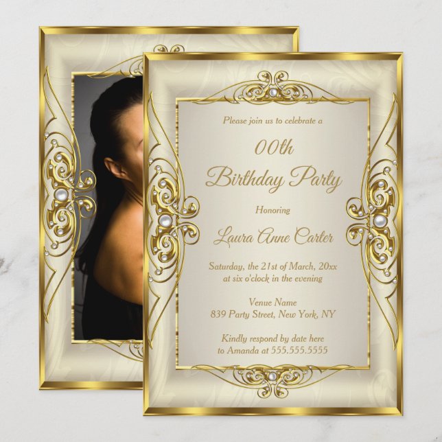Invitation Elegant Gold Cream Pearl Photo Anniversaire (Devant / Derrière)