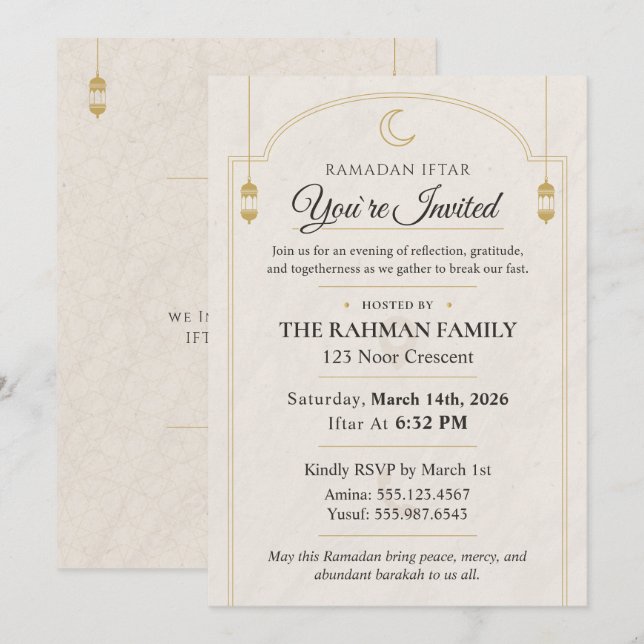 Invitation Elegant Gold Crescent Moon & Lantern Ramadan Iftar (Devant / Derrière)