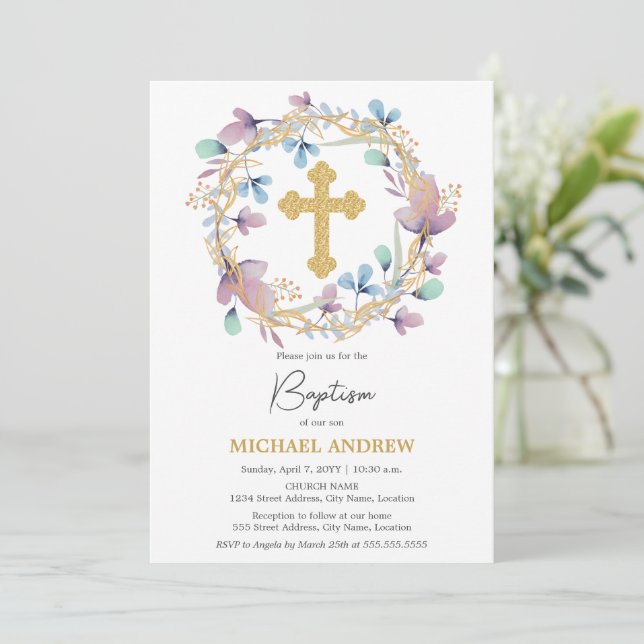 Invitation Elégant Gold Cross Baptism Floral (Debout devant)