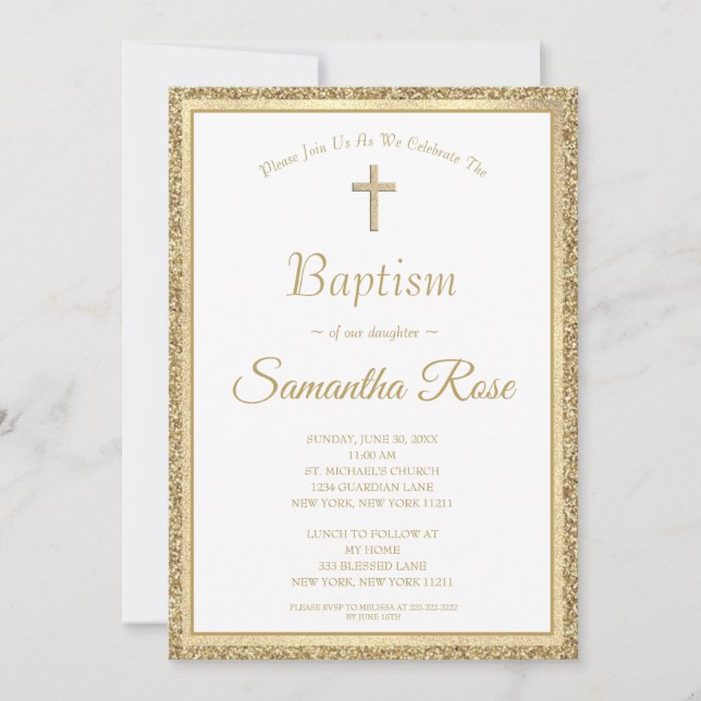 Invitation Elégant Gold Cross Baptism Genre Neutre (Devant)