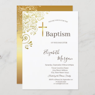 Invitation Elégant Gold Cross Baptism Or Floral dentelle