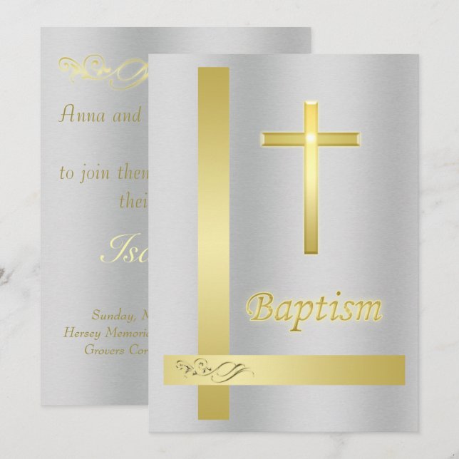 Invitation Elégant Gold Cross Baptism sur arrière - plan méta (Devant / Derrière)
