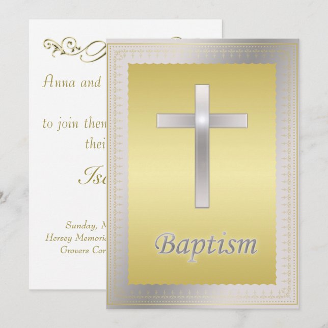 Invitation Elégant Gold Cross Border Baptism Christening (Devant / Derrière)