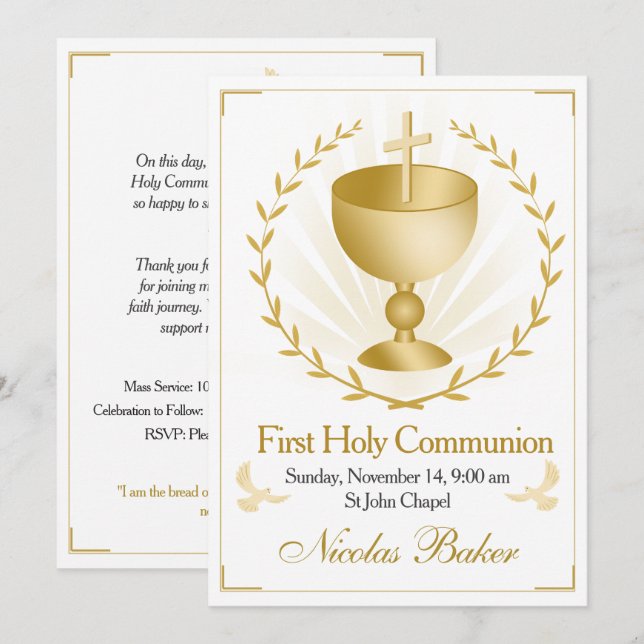 Invitation Elegant Gold Cross Chalice First Holy Communion (Devant / Derrière)